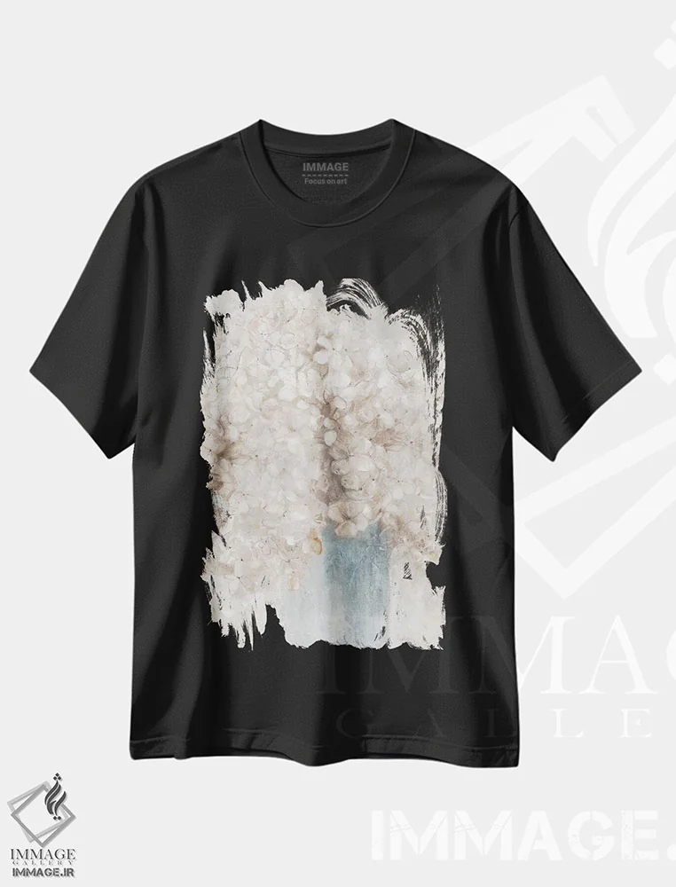 تیشرت مشکی طرح دار – تیشرت گلدار ,هورتانسیاهای آرام اثر لیوی فین فروشگاه ایماژ