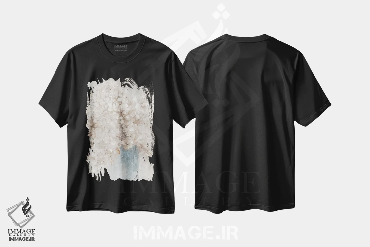تیشرت مشکی طرح دار – تیشرت گلدار ,هورتانسیاهای آرام اثر لیوی فین فروشگاه ایماژ