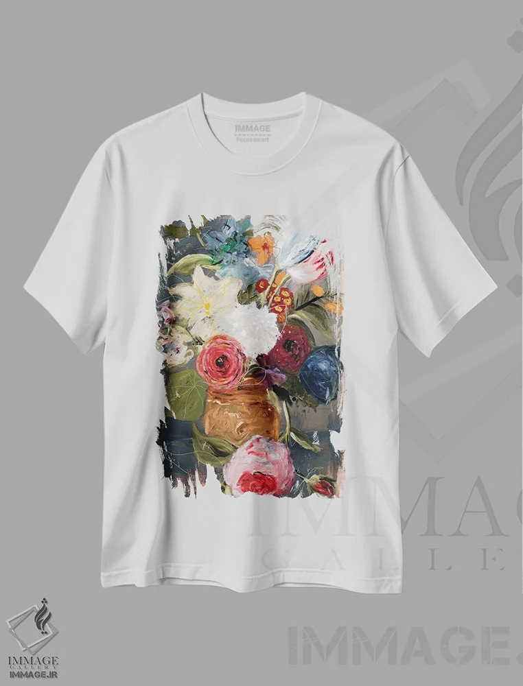 تیشرت سفید طرح دار – تیشرت طبیعت بی جان ,طبیعت بی جان بی عنوان با گل ها اثر لی واینر فروشگاه ایماژ