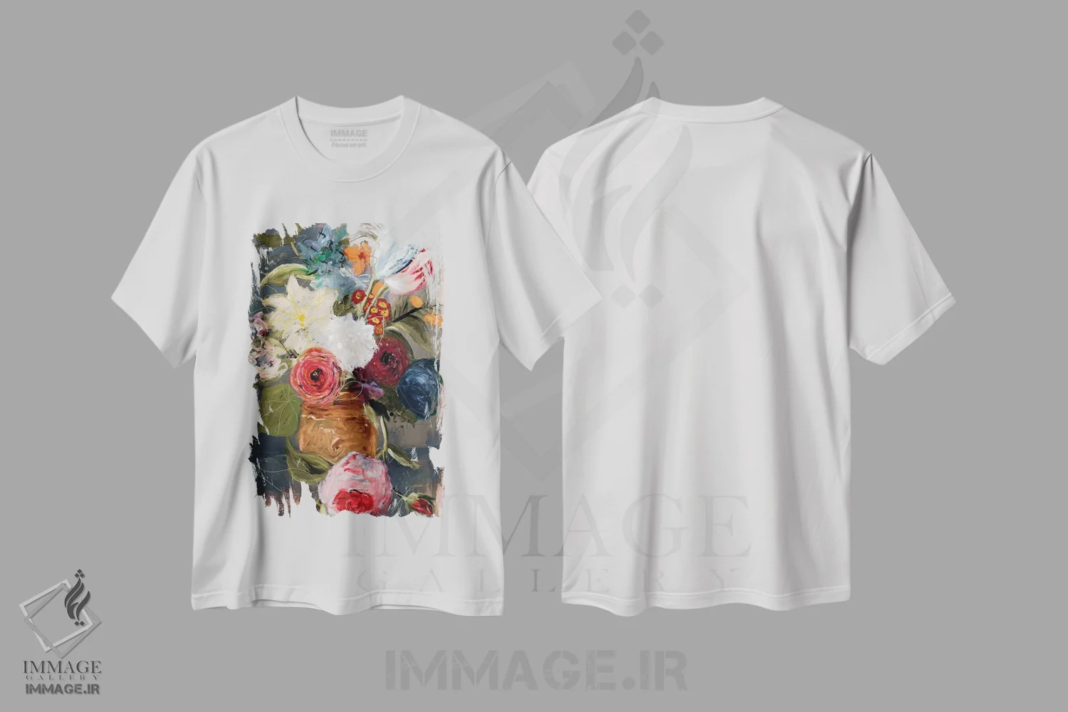 تیشرت سفید طرح دار – تیشرت طبیعت بی جان ,طبیعت بی جان بی عنوان با گل ها اثر لی واینر فروشگاه ایماژ
