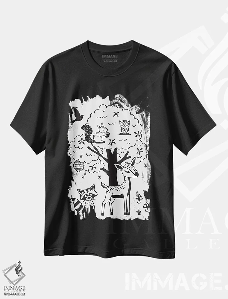 تیشرت مشکی طرح دار – تیشرت حیوانات ,جنگل نوجوانان اثر لیزا وایت باتن فروشگاه ایماژ