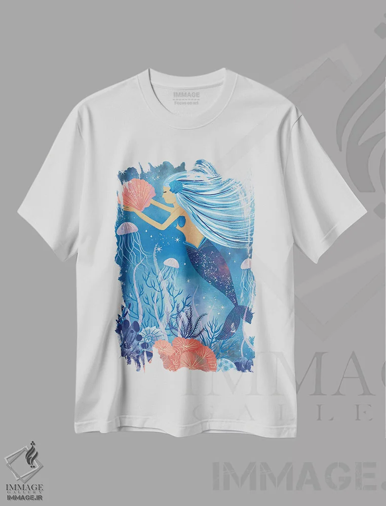 تیشرت سفید طرح دار – تیشرت پری دریایی ,پری دریایی افسون شده اثر لیزا وایت باتن immage.ir