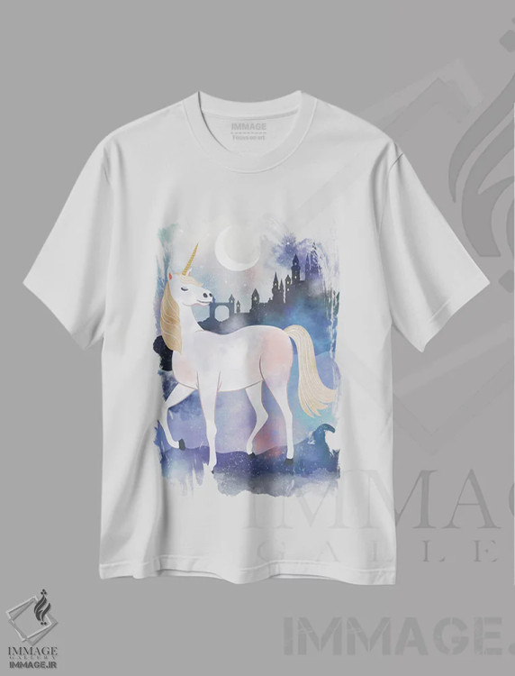 تیشرت سفید طرح دار – تیشرت فانتزی ,تک شاخ افسون شده اثر لیزا وایت باتن فروشگاه ایماژ