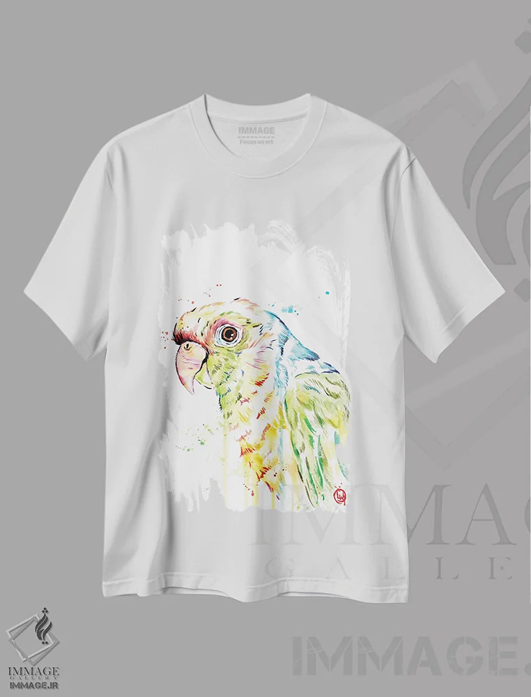 تیشرت سفید طرح دار – تیشرت رنگارنگ ,طوطی اثر لیزا وایت هاوس فروشگاه ایماژ