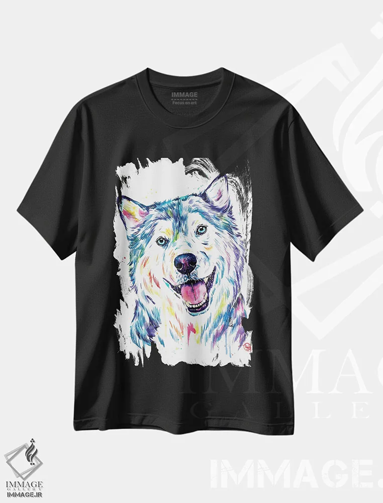 تیشرت مشکی طرح دار – تیشرت حیوانات ,هاسکی سیبری اثر لیزا وایت هاوس فروشگاه ایماژ