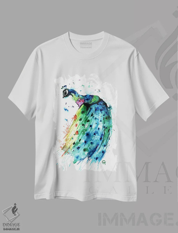 تیشرت سفید طرح دار – تیشرت هنری ,طاووس مغرور اثر لیزا وایت هاوس immage.ir