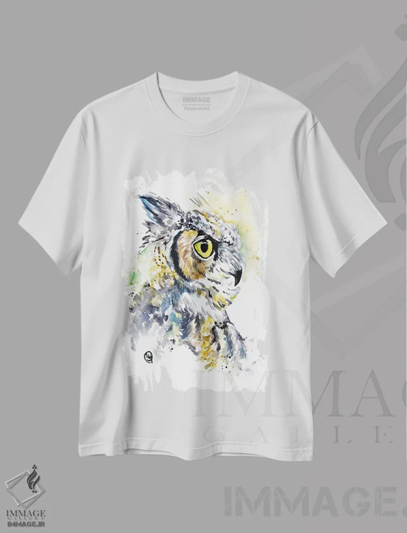 تیشرت سفید طرح دار – تیشرت طبیعت ,جغد شاخدار اثر لیزا وایت هاوس immage.ir