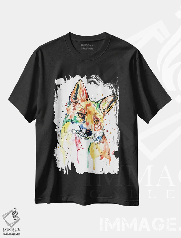 تیشرت مشکی طرح دار – تیشرت طبیعت ,روباه خیال انگیز اثر لیزا وایت هاوس immage.ir