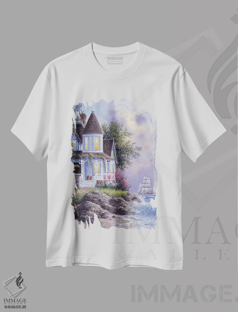 تیشرت سفید طرح دار – تیشرت هنری ,ویکتوریایی کنار دریا اثر دنیس لوان فروشگاه ایماژ
