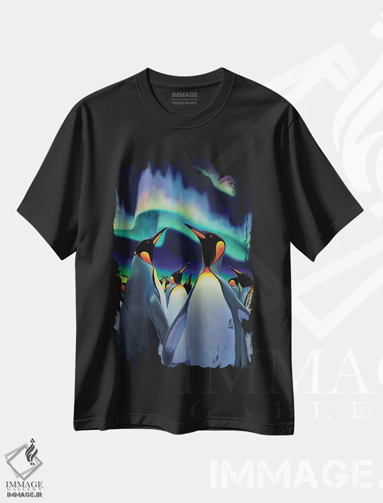 تیشرت مشکی طرح دار – تیشرت حیوانات ,رژه نورانی پنگوئن ها اثر چارلز لین براگ فروشگاه ایماژ