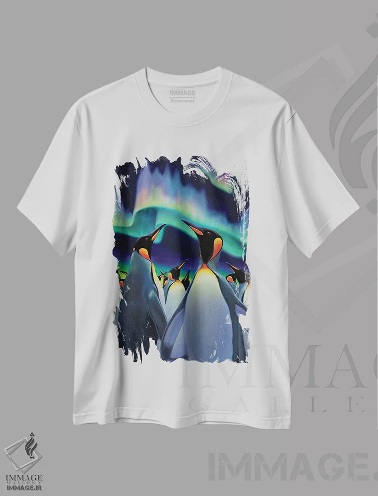 تیشرت سفید طرح دار – تیشرت حیوانات ,رژه نورانی پنگوئن ها اثر چارلز لین براگ immage.ir