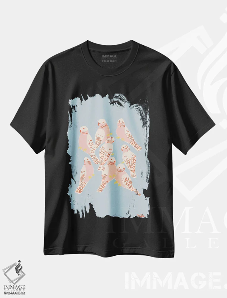 تیشرت مشکی طرح دار – تیشرت حیوانات ,طوطی گالا صورتی اثر لیدیا الن فروشگاه ایماژ