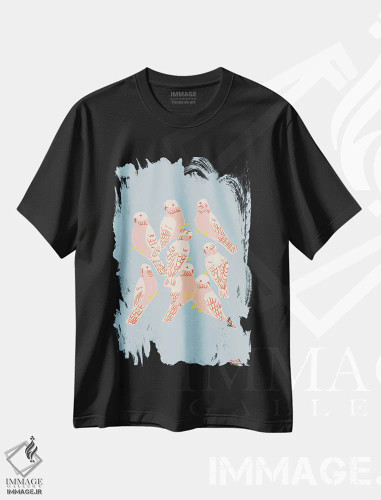 تیشرت مشکی طرح دار – تیشرت حیوانات ,طوطی گالا صورتی اثر لیدیا الن فروشگاه ایماژ