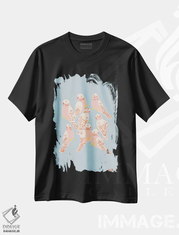 تیشرت مشکی طرح دار – تیشرت حیوانات ,طوطی گالا صورتی اثر لیدیا الن فروشگاه ایماژ