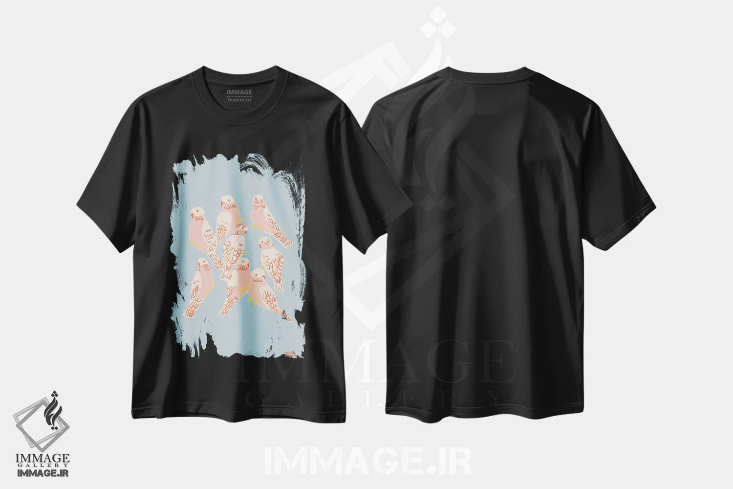 تیشرت مشکی طرح دار – تیشرت حیوانات ,طوطی گالا صورتی اثر لیدیا الن فروشگاه ایماژ