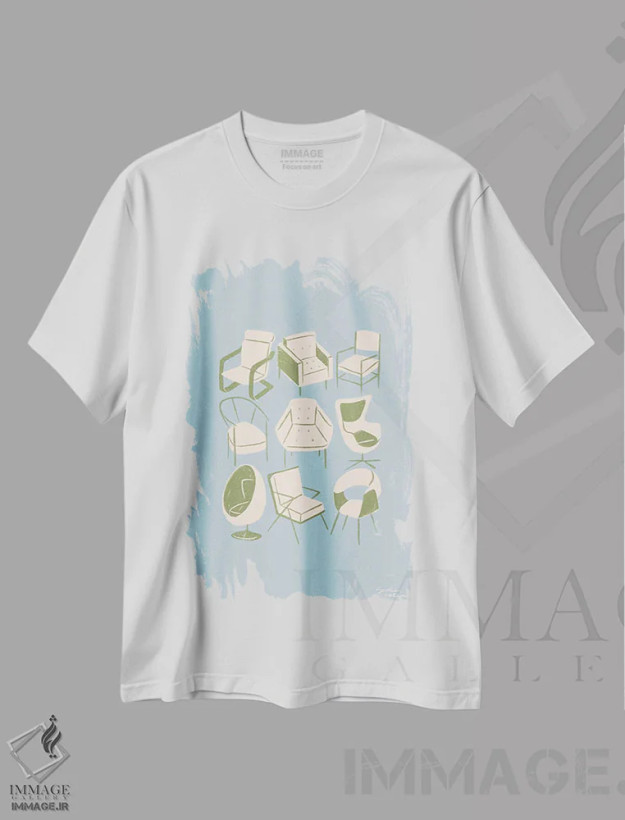 تیشرت سفید طرح دار – تیشرت هنری ,صندلی ها اثر لیدیا الن فروشگاه ایماژ