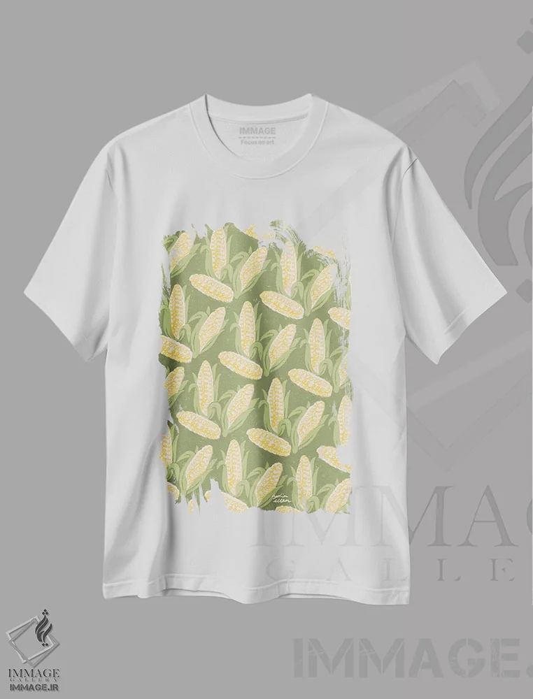 تیشرت سفید طرح دار – تیشرت طبیعت ,ذرت اثر لیدیا الن immage.ir
