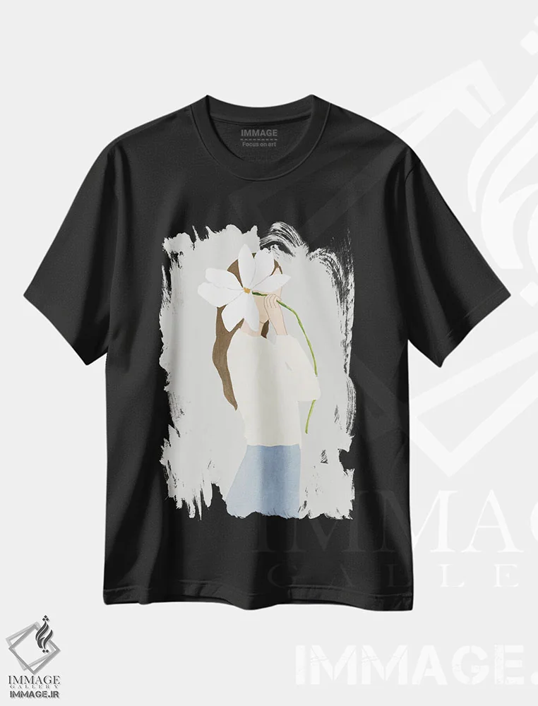تیشرت مشکی طرح دار – تیشرت هنری مینیمال ,زن گلی II اثر لیلی کِی immage.ir