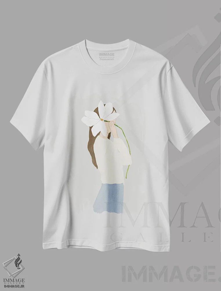 تیشرت سفید طرح دار – تیشرت هنری مینیمال ,زن گلی II اثر لیلی کِی فروشگاه ایماژ