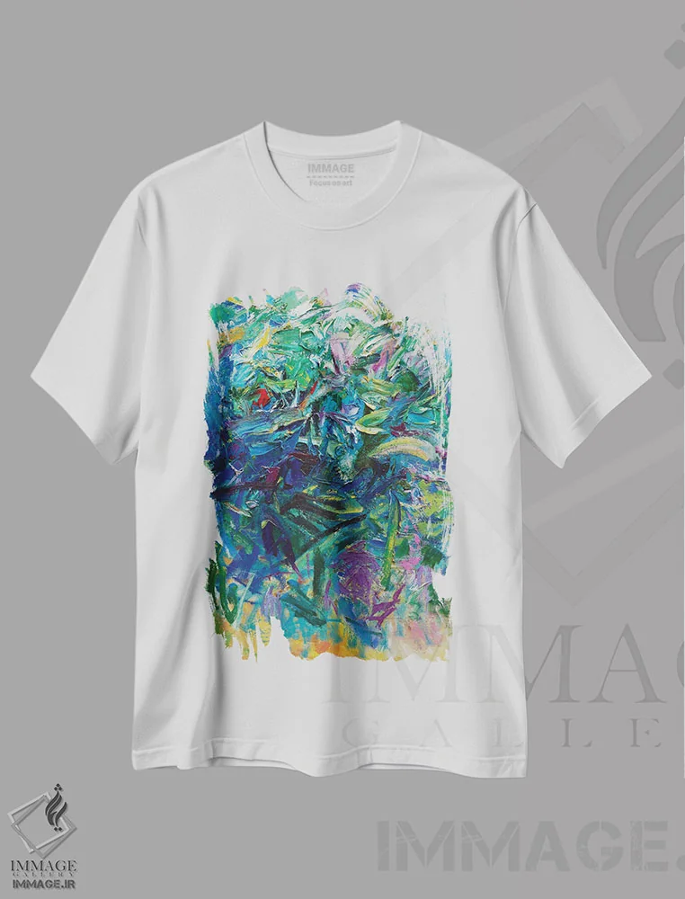 تیشرت سفید طرح دار – تیشرت انتزاعی ,آبی اثر لیدیا لی immage.ir