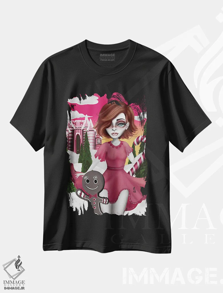 تیشرت مشکی طرح دار – تیشرت فانتزی ,سرزمین آبنبات اثر لیزی فالکون فروشگاه ایماژ