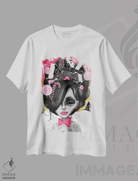تیشرت سفید طرح دار – تیشرت هنری ,خوراکی شیرین اثر لیزی فالکون فروشگاه ایماژ