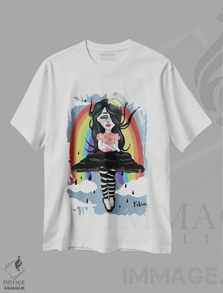 تیشرت سفید طرح دار – تیشرت رنگین کمان ,پیوند رنگین کمان اثر لیزی فالکون immage.ir