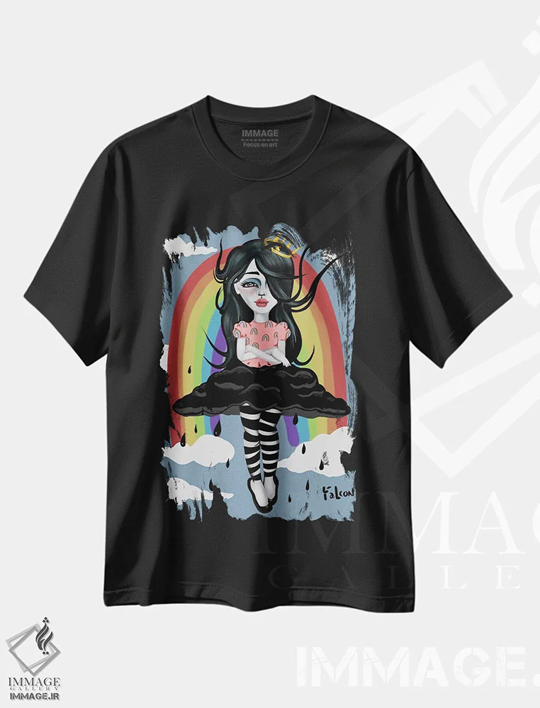 تیشرت مشکی طرح دار – تیشرت رنگین کمان ,پیوند رنگین کمان اثر لیزی فالکون فروشگاه ایماژ