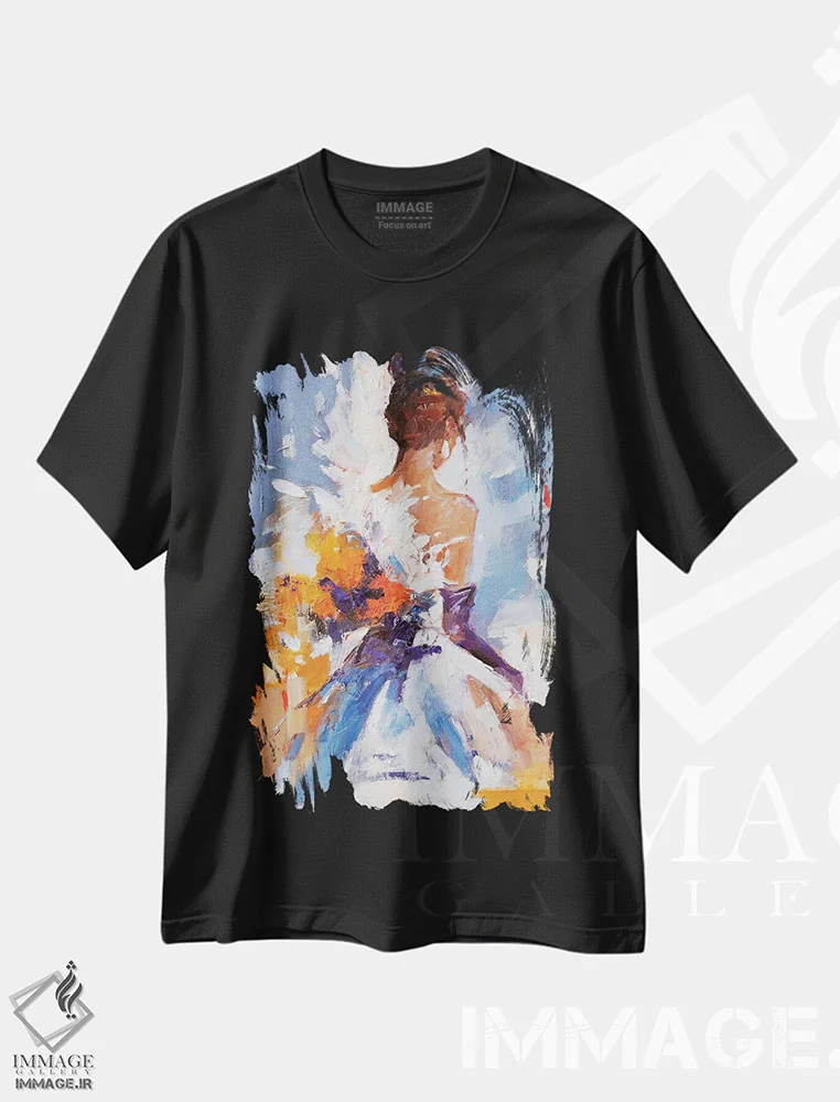 تیشرت مشکی طرح دار – تیشرت هنری ,لحظه شادی اثر لی ژو immage.ir