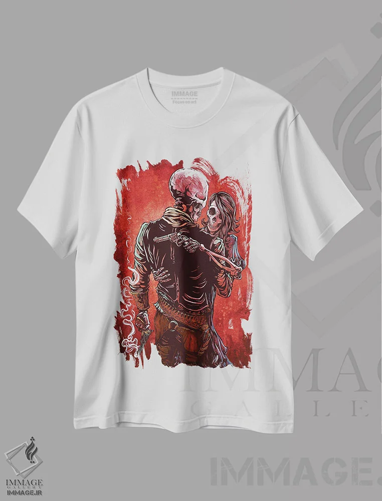 تیشرت سفید طرح دار – تیشرت گرافیکی ,عشق، اعتماد و یک هفت تیر اثر دیوید لوزو immage.ir