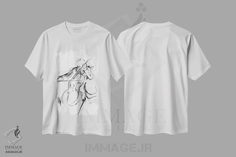 تیشرت سفید طرح دار – تیشرت موسیقی ,نوازنده ویولنسل اثر مارک آلانته immage.ir