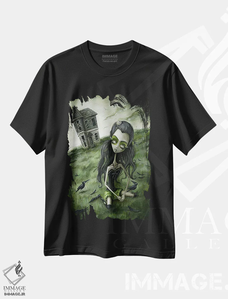 تیشرت مشکی طرح دار – تیشرت هنری ,رهاشده در مزرعه کلاغ ها اثر مگان ماژوسکی فروشگاه ایماژ