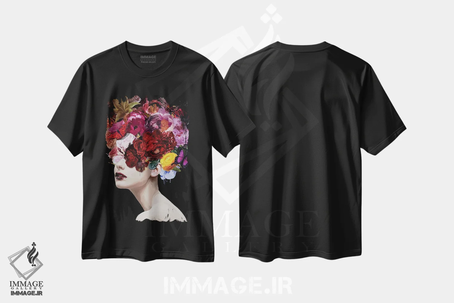 تیشرت مشکی طرح دار – تیشرت طبیعت ,سوسن با گل ها و پروانه ها اثر مارسیا آلک فروشگاه ایماژ