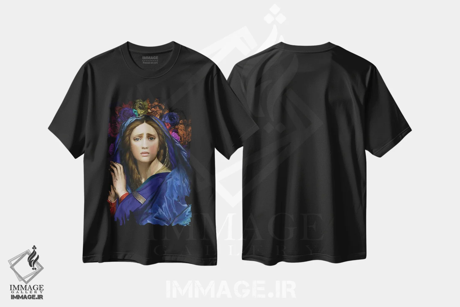 تیشرت مشکی طرح دار – تیشرت زنانه ,بانوی ما با گل بر سر اثر مارسیا آلک فروشگاه ایماژ