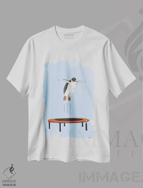 تیشرت سفید طرح دار – تیشرت فانتزی ,پنگوئن روی ترامپولین اثر مارتینا اسکات فروشگاه ایماژ