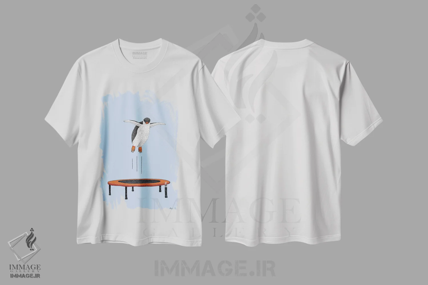 تیشرت سفید طرح دار – تیشرت فانتزی ,پنگوئن روی ترامپولین اثر مارتینا اسکات فروشگاه ایماژ