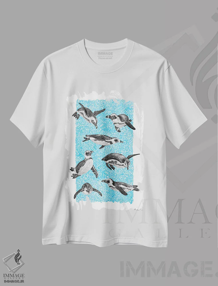 تیشرت سفید طرح دار – تیشرت حیوانات ,پنگوئن های آفریقایی اثر مارتینا اسکات فروشگاه ایماژ