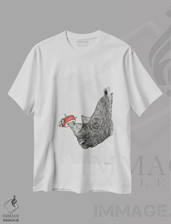 تیشرت سفید طرح دار – تیشرت حیوانات ,کرگدن خسته اثر مارتینا اسکات immage.ir