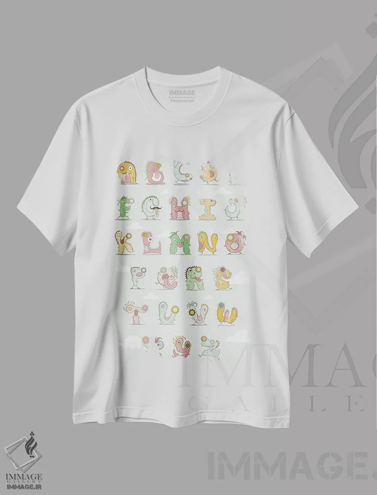 تیشرت سفید طرح دار – تیشرت آموزشی ,جدول الفبا اثر فایو بای فایو کالکتیو فروشگاه ایماژ