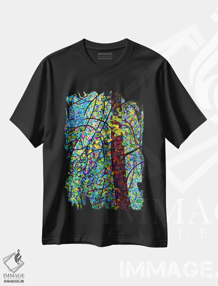 تیشرت مشکی طرح دار – تیشرت هنری ,روح های کاج اثر مندی بودان immage.ir