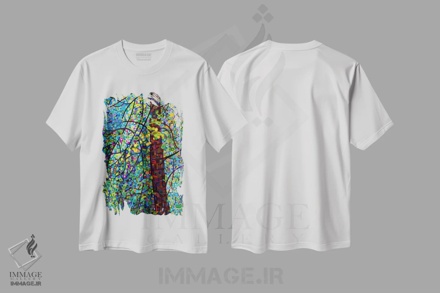 تیشرت سفید طرح دار – تیشرت هنری ,روح های کاج اثر مندی بودان فروشگاه ایماژ
