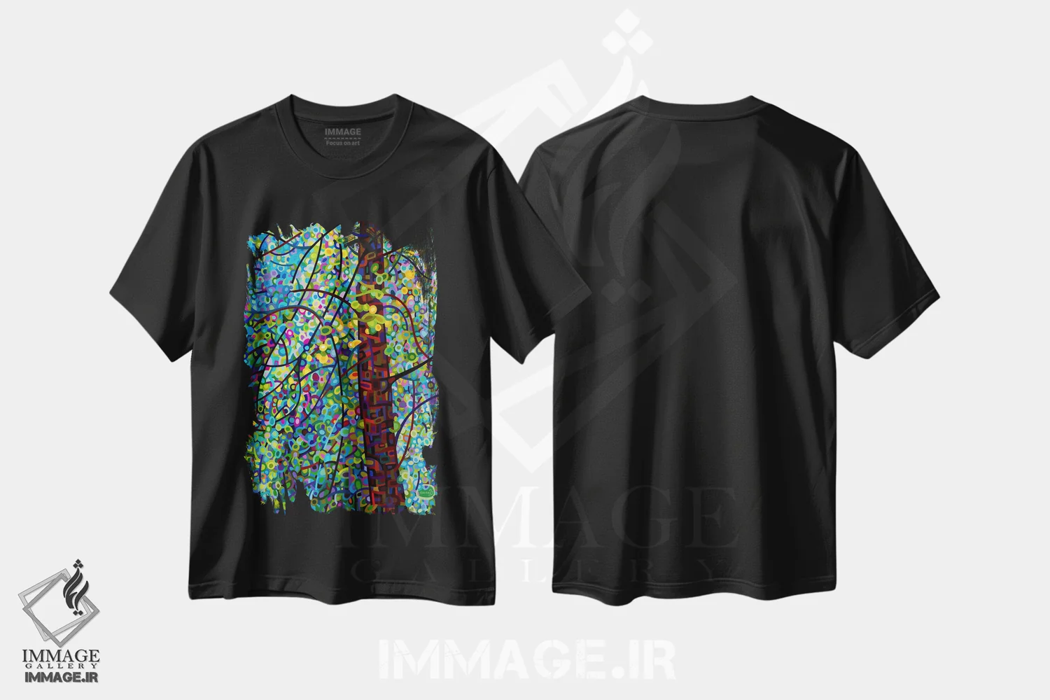 تیشرت مشکی طرح دار – تیشرت هنری ,روح های کاج اثر مندی بودان immage.ir