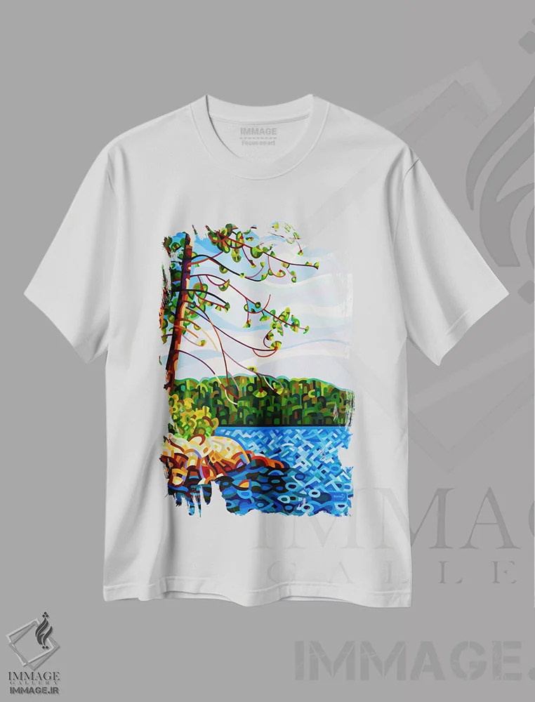 تیشرت سفید طرح دار – تیشرت هنری ,منظره ای از مازنگاه اثر مندی بودان فروشگاه ایماژ