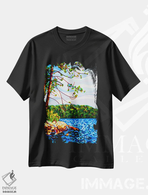 تیشرت مشکی طرح دار – تیشرت هنری ,منظره ای از مازنگاه اثر مندی بودان immage.ir