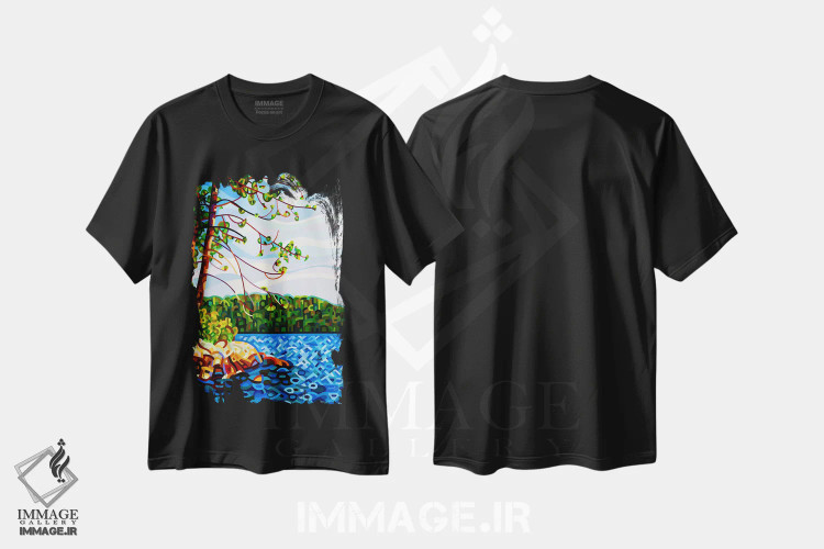 تیشرت مشکی طرح دار – تیشرت هنری ,منظره ای از مازنگاه اثر مندی بودان immage.ir