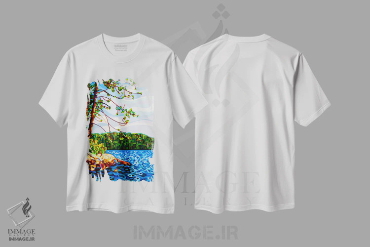 تیشرت سفید طرح دار – تیشرت هنری ,منظره ای از مازنگاه اثر مندی بودان فروشگاه ایماژ