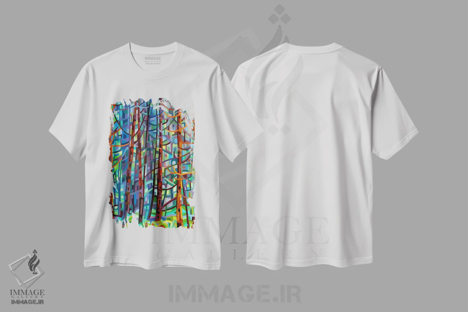 تیشرت سفید طرح دار – تیشرت طبیعت ,در جنگل کاج اثر مندی بودان immage.ir