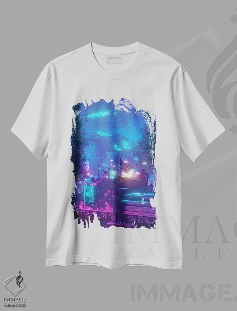 تیشرت سفید طرح دار – تیشرت گیمینگ ,دشمن نئون اثر ماریشا بکر immage.ir