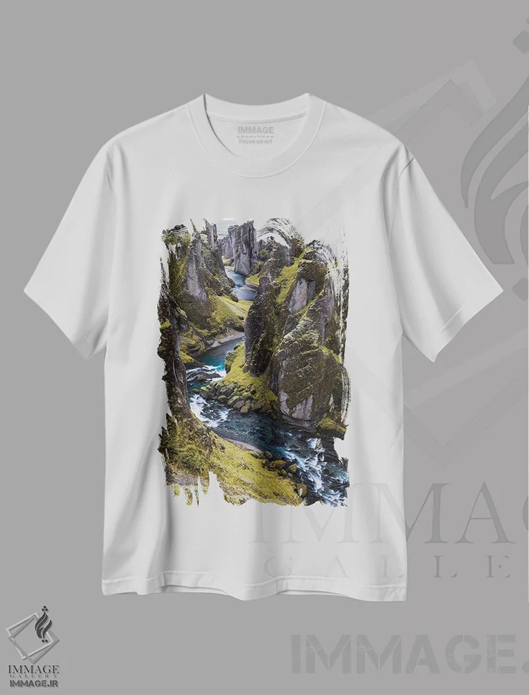 تیشرت سفید طرح دار – تیشرت طبیعت ,منظره دره اثر مائورو باتیستلی فروشگاه ایماژ