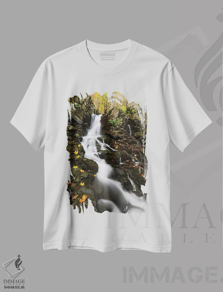 تیشرت سفید طرح دار – تیشرت طبیعت پاییزی ,آبشار پاییزی اثر مائورو باتیستلی فروشگاه ایماژ